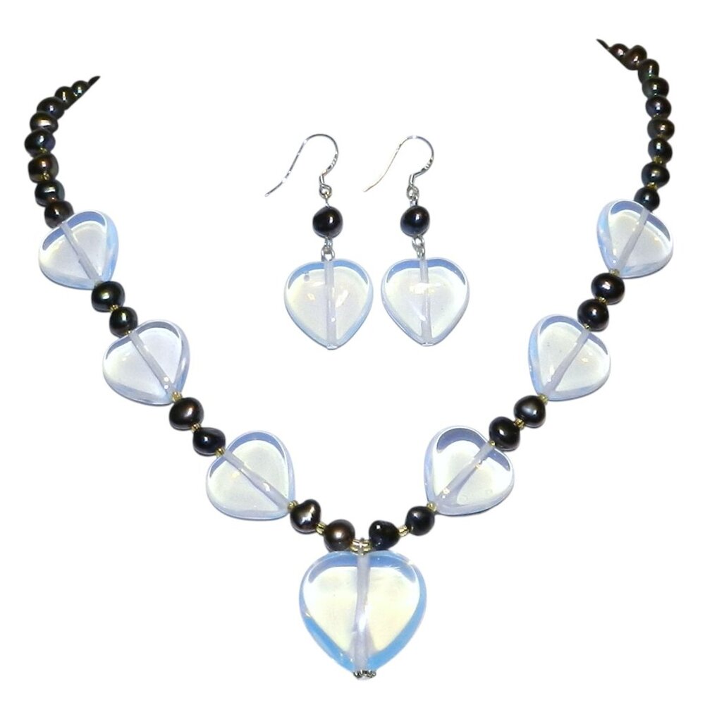 Handmade Opalite Sea Opal Black Peacock Pearls Silver Necklace Earring Set GN251